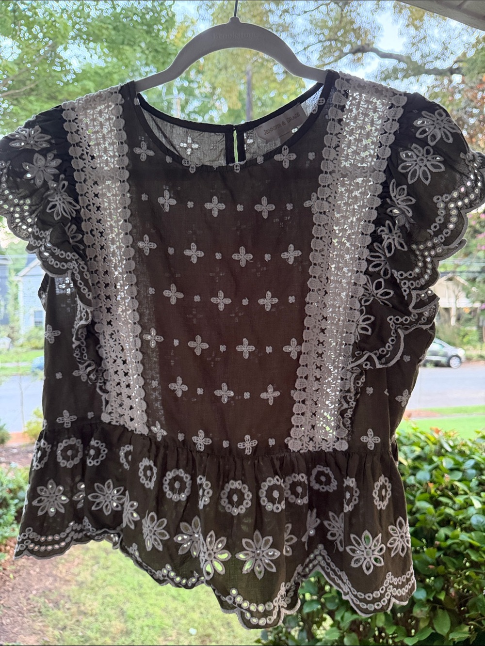Jennifer & Grace Boho Cotton Embroidered Flutter Sleeve Top - Green with White